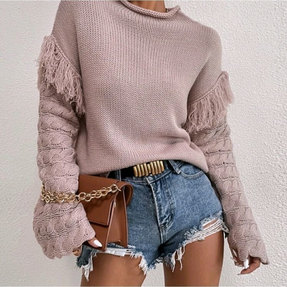 Cable Knit Fringe Trim Drop Shoulder Sweater